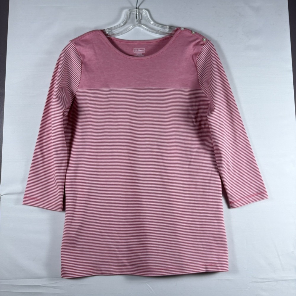 LL Bean Women Tee Top  100% Supima Cotton 3/4 Sleeve Colorful Striped Small